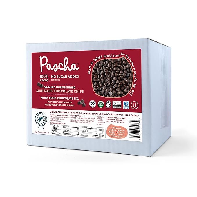 Pascha Organic Mini Unsweetened Dark Chocolate Baking Chips are made with 100% cacao and are perfect for baking. These high-quality chips are UTZ certified, which means they come from sustainable farming practices. They are also gluten-free, non-GMO, and contain no added sugar, making them a healthier option for your baking needs.