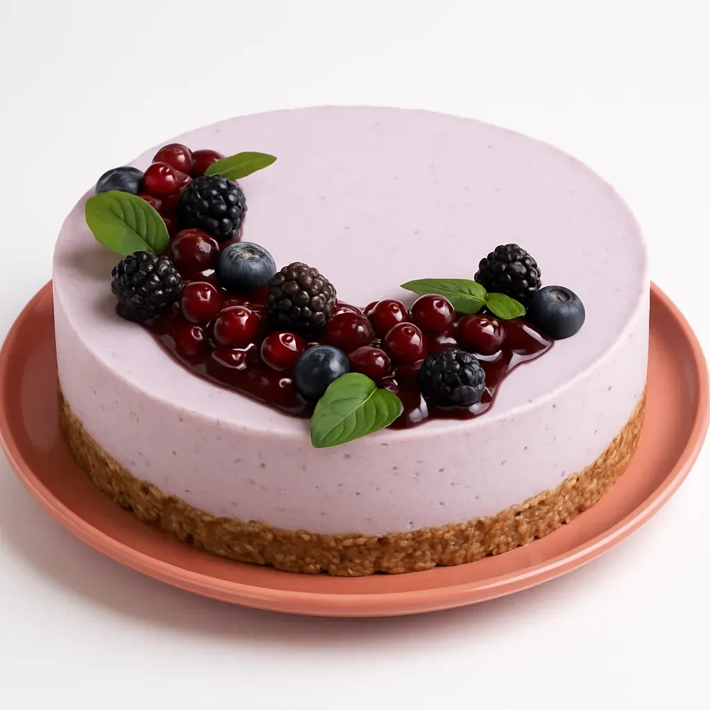 A healthier no-bake cheesecake made with homemade skyr, a nutty crust, and vibrant blueberry sauce, perfect for guilt-free indulgence.
