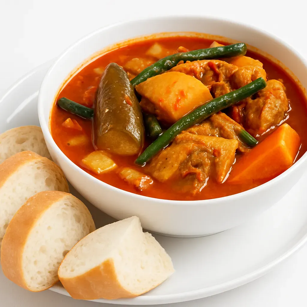 Khmer Chicken Red Curry is a fragrant and flavorful dish hailing from Cambodia, featuring tender chicken pieces cooked in a rich coconut milk-based sauce infused with fresh herbs and spices.