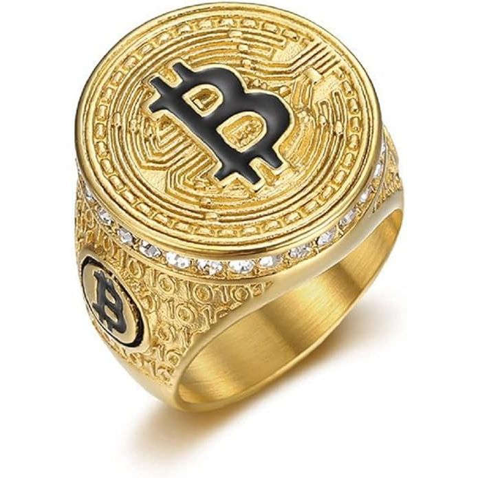 The Bitcoin Sign Ring is a piece of jewelry that features the iconic Bitcoin symbol, making it a stylish accessory for cryptocurrency enthusiasts. This particular ring is designed for men and is crafted in gold, giving it a luxurious and eye-catching appearance.