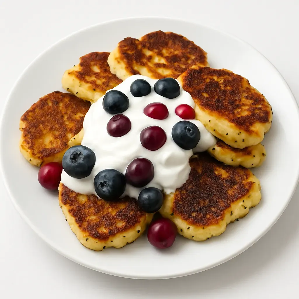 Delight in the traditional taste of Latvian Syrniki, a twist on cottage cheese pancakes enriched with poppy seeds and the zest of lemon. These golden-brown pancakes boast a crispy exterior with a soft, flavorful interior, perfect for dessert or a brunch item.