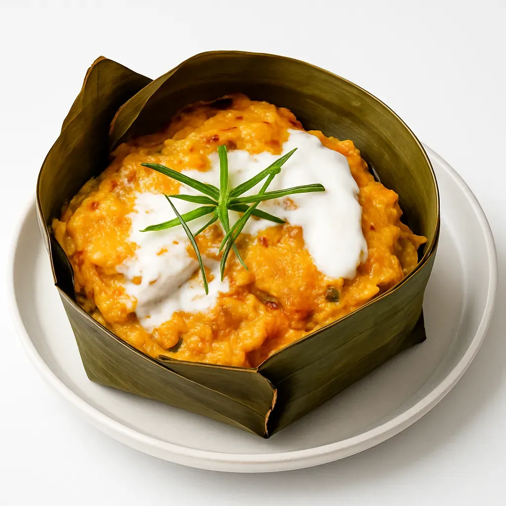 Fish Amok is a beloved national dish of Cambodia, featuring a fragrant fish curry steamed in banana leaves, combining tender codfish with a rich aromatic spice paste.