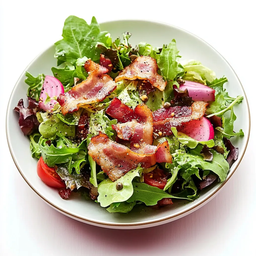 Blattsalat mit Speck is a classic German salad dish that offers a perfect blend of fresh, crisp greens and savory, crispy bacon with a zesty mustard vinaigrette dressing. It starts with a mix of various fresh salad greens such as spinach, arugula, and lettuce, creating a balanced and nutritious base. Crispy fried or oven-baked bacon strips are sprinkled over the top, providing a delightful crunch and rich flavor. The salad is then dressed with a homemade mustard vinaigrette, made with olive oil, vinegar, Dijon mustard, garlic, and seasonings that ties all the flavors together. This salad is ideal as a light lunch, a starter, or as a sumptuous side dish accompanying your main course. It combines the freshness of the greens with the satisfying richness of the bacon, all lifted by the tangy notes of the mustard dressing.