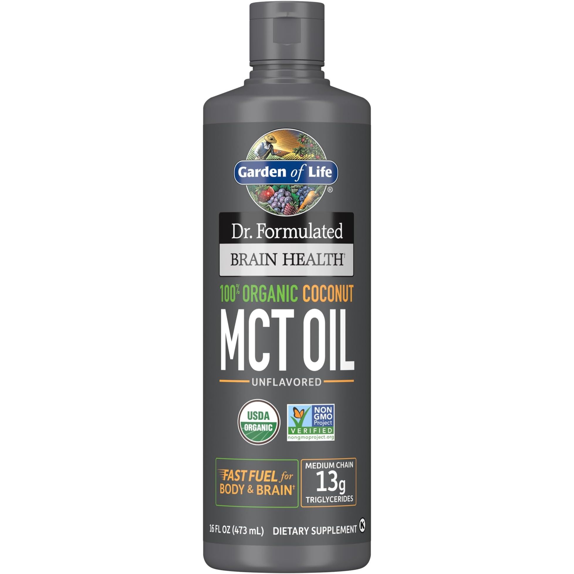 Garden of Life Dr. Formulated Brain Health Coconut MCT Oil is a 100% organic product made from coconuts. It contains 13g of medium-chain triglycerides (MCTs) per serving, which are a type of healthy fat that can provide quick energy for both the body and brain.