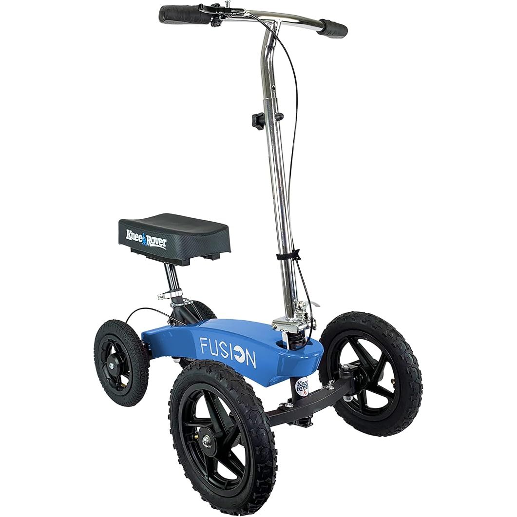 The KneeRover All Terrain Fusion Patented Knee Scooter with 4 Wheel Steering is designed for adults recovering from foot surgery, broken ankles, or foot injuries. This knee walker is specifically built for outdoor use with its all-terrain capabilities, making it ideal for navigating rough or uneven surfaces such as gravel, grass, or dirt roads.
