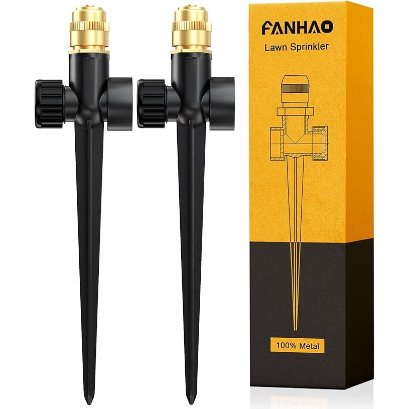The FANHAO Metal Lawn Sprinkler is a set of two automatic garden water sprinklers that are designed to efficiently water your lawn, garden, or patio. These sprinklers feature a durable metal construction with an adjustable brass sprinkler nozzle that provides 360-degree coverage for a large area.