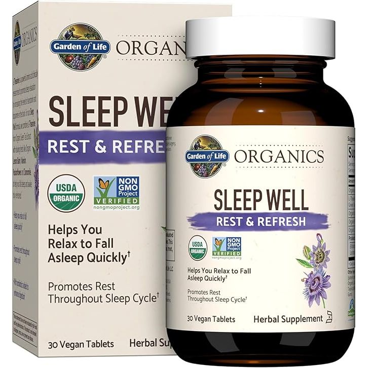Garden of Life Organics Sleep Well Rest & Refresh 30 Tablets is a herbal supplement designed to promote a restful night's sleep and help you wake up feeling refreshed. The formula includes natural ingredients such as Lemon Balm, Green Tea Extract, L-Theanine, Valerian Root, Chamomile, and probiotics.
