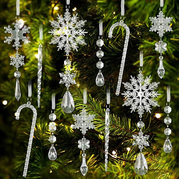 This set of 24 crystal Christmas ornaments includes hanging acrylic snowflakes in a clear design. These ornaments feature an icicle drop design for a festive touch to Christmas tree decorations. They can be used for Xmas decor, New Year parties, weddings, and home decor both indoors and outdoors.