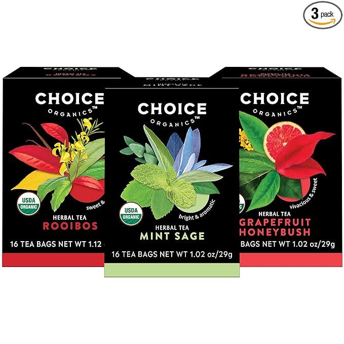 Choice Organics Herbal Tea Variety Pack Sampler includes three different flavors of organic herbal teas: Rooibos, Grapefruit Honeybush, and Mint Sage. Each pack contains 16 tea bags, totaling to 48 tea bags in total. 
Rooibos tea is known for its rich flavor and numerous health benefits, including being high in antioxidants and caffeine-free.