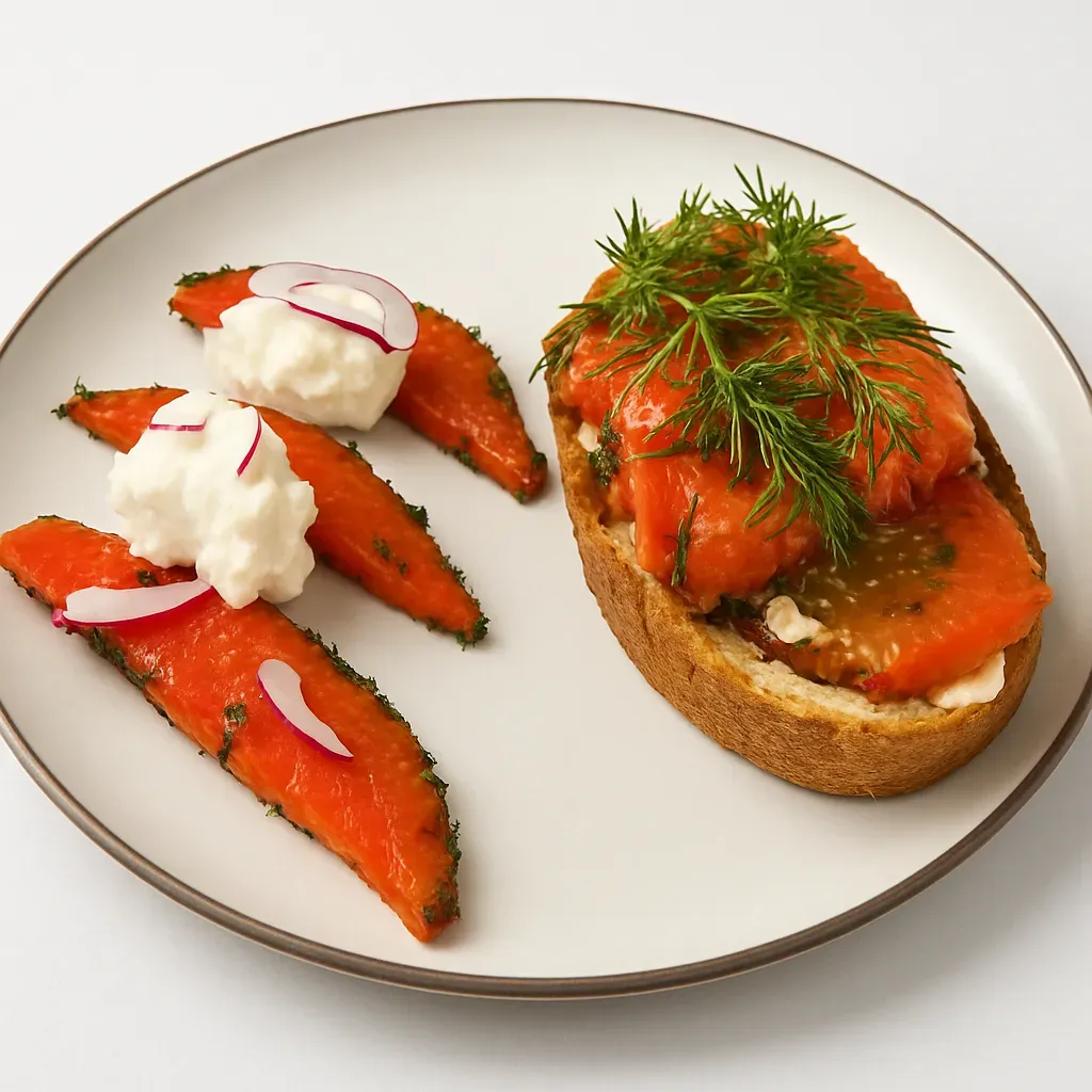 A traditional Scandinavian appetizer of cured salmon served with zesty dill dressing and creamy horseradish sauce, perfect for starting any meal.