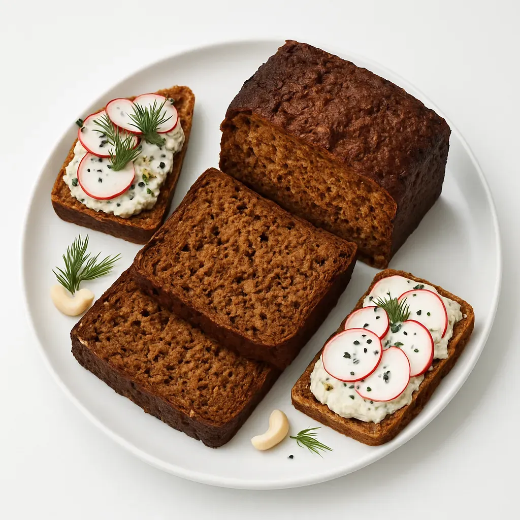 A vegan recipe for hearty Finnish/Nordic-style bread featuring two variations using either plant-based milk or orange juice, served with a creamy cashew and dill spread.