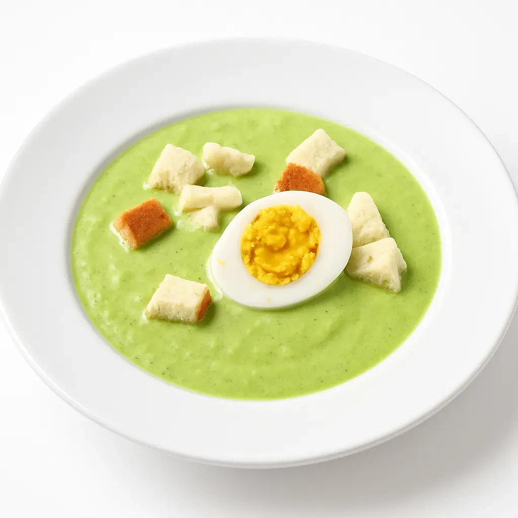 Dive into the comforting flavors of this creamy pea soup, a delightful dish perfect for a cozy meal. With a harmonious blend of vibrant green peas and a touch of smooth sour cream, this hearty soup is complemented by the luxurious touch of a boiled egg and the crunch of savory croutons.