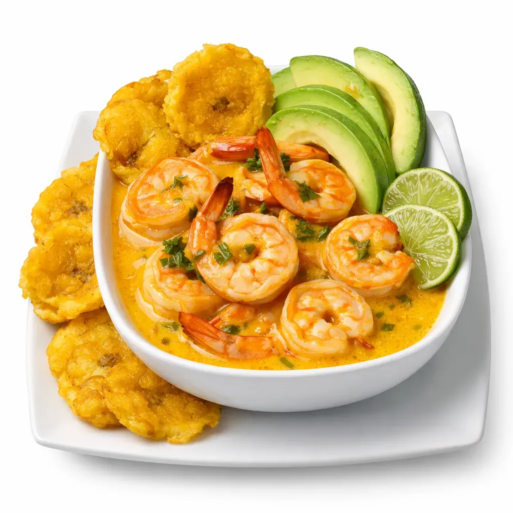 A delicious shrimp dish cooked in a aromatic and creamy coconut milk sauce, inspired by Latin American cuisine, particularly Ecuadorian and Colombian flavors.