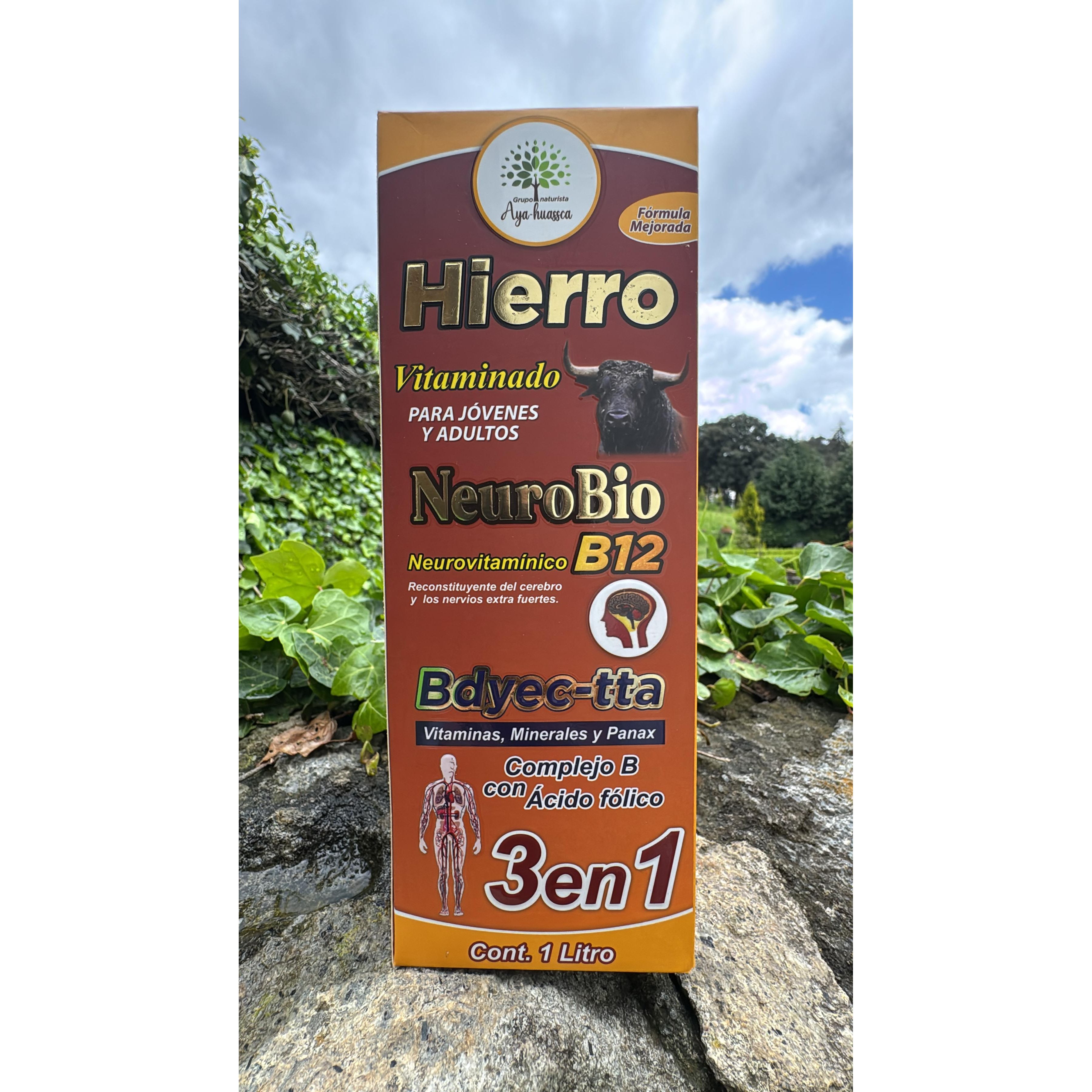 NEUROBIO VITAMIN IRON TONIC B12 - 3 IN 1. Energy, concentration and strength for young and old. Advanced formula with vitamins and herbal extracts: Folic Acid, Riboflavin, Iron, Cyanocobalamin (Vitamin B12), Boldo, Cinchona, Vomica Walnut, China, Walnut, Gentian.