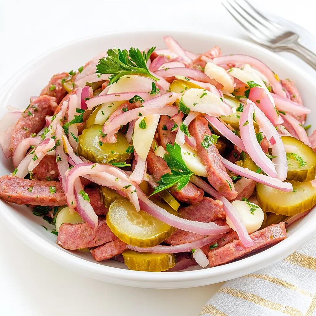 Wurstsalat is a classic German salad that's popular in many parts of Europe, especially in Germany, Switzerland, and Austria. It consists of thinly sliced sausages, typically a type of Lyoner, cervelat, or Swiss cheese sausage, mixed with crunchy pickles, onions, and a zesty dressing made from vinegar and oil.