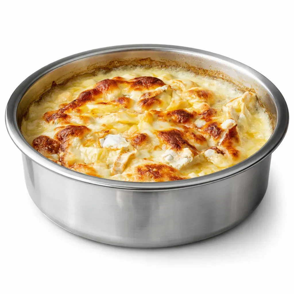 A sumptuous Potato Gratin featuring the earthy richness of Camembert cheese, gently cooked in cream and baked until golden and bubbly.
