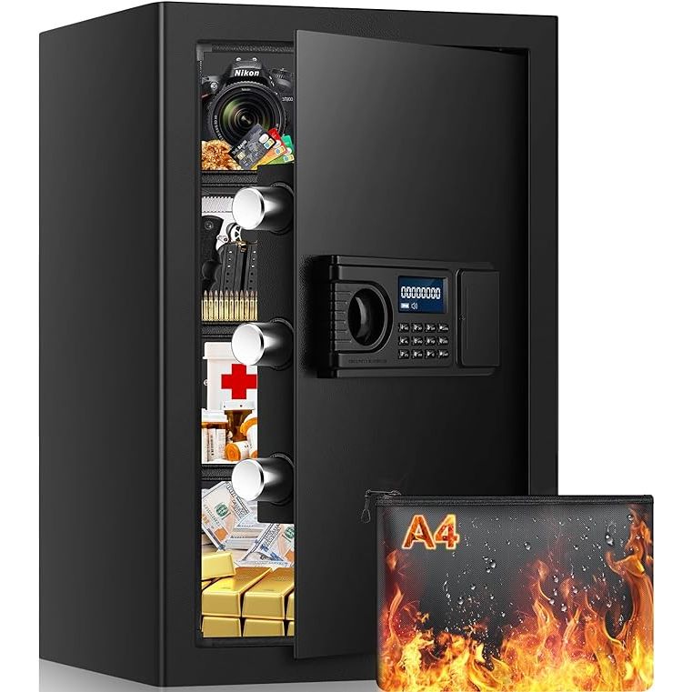 The 3.8 Cu ft Extra Large Safe Box is designed to provide maximum security for your valuables. It is fireproof and waterproof, protecting your important documents, cash, jewelry, and other items from damage in the event of a fire or flood. The safe comes with a fireproof bag for added protection, ensuring the contents remain safe and intact.