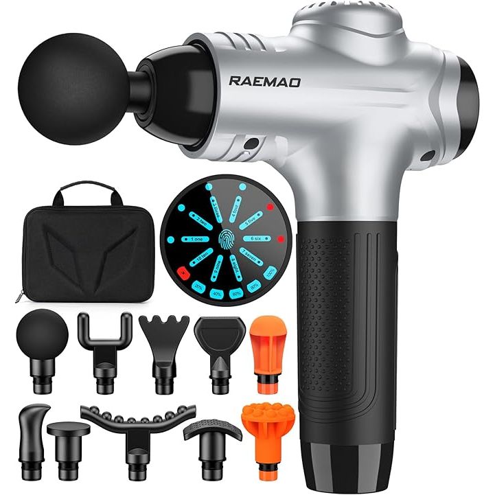 The RAEMAO deep tissue massage gun is the perfect solution for quick pain relief and muscle relaxation. With 10 specialized massage heads and a maximum speed of 3200rpm, it can effectively reduce muscle stiffness, pain, and tension after exercise, while also promoting blood circulation and alleviating office fatigue.
