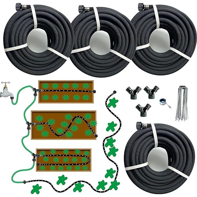 The Soaker Hose Kit is an essential tool for any gardener looking to efficiently water their plants while conserving water. The package includes four 1/2"x15ft soaker hoses made of heavy duty recycled rubber, ensuring durability and a longer service life.