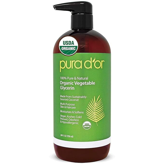 PURA D'OR Organic Vegetable Glycerin is a 24oz bottle of 100% pure premium grade glycerin derived from coconuts. It is clear, odorless, non-GMO, USP grade, kosher, vegan, and cold pressed. This versatile product can be used on hair, skin, and as a DIY base for a variety of beauty and personal care products.