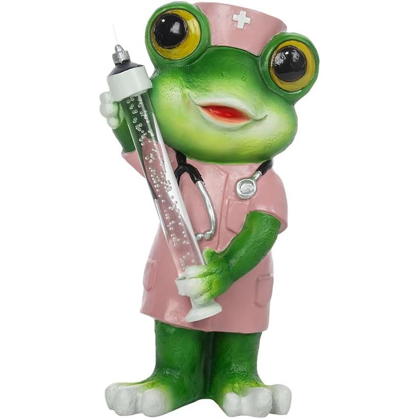 Add a whimsical touch to your outdoor space with this charming Frog Nurse Solar Statue. This unique resin sculpture features a frog dressed in a pink nurse uniform and hat, holding a syringe in its hands. The statue automatically lights up at night, adding a warm glow to your garden or patio.