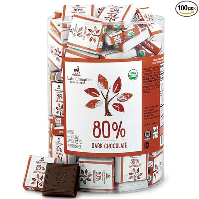 Lake Champlain 80% Cocoa Organic Dark Chocolate Squares are a decadent treat for chocolate lovers. Each piece is made with high-quality, organic cocoa beans that have been grown and harvested sustainably. The dark chocolate squares have a rich and intense flavor with a smooth and creamy texture.