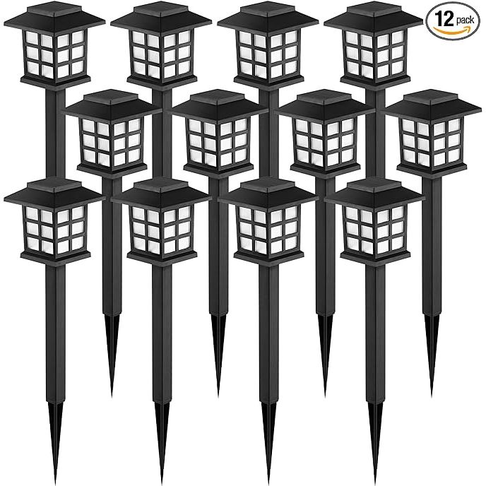 GIGALUMI's Solar Outdoor Lights are a set of 12 LED solar lights designed for use in outdoor spaces like gardens, landscapes, paths, yards, patios, and driveways. These lights are waterproof, making them suitable for use in various weather conditions.