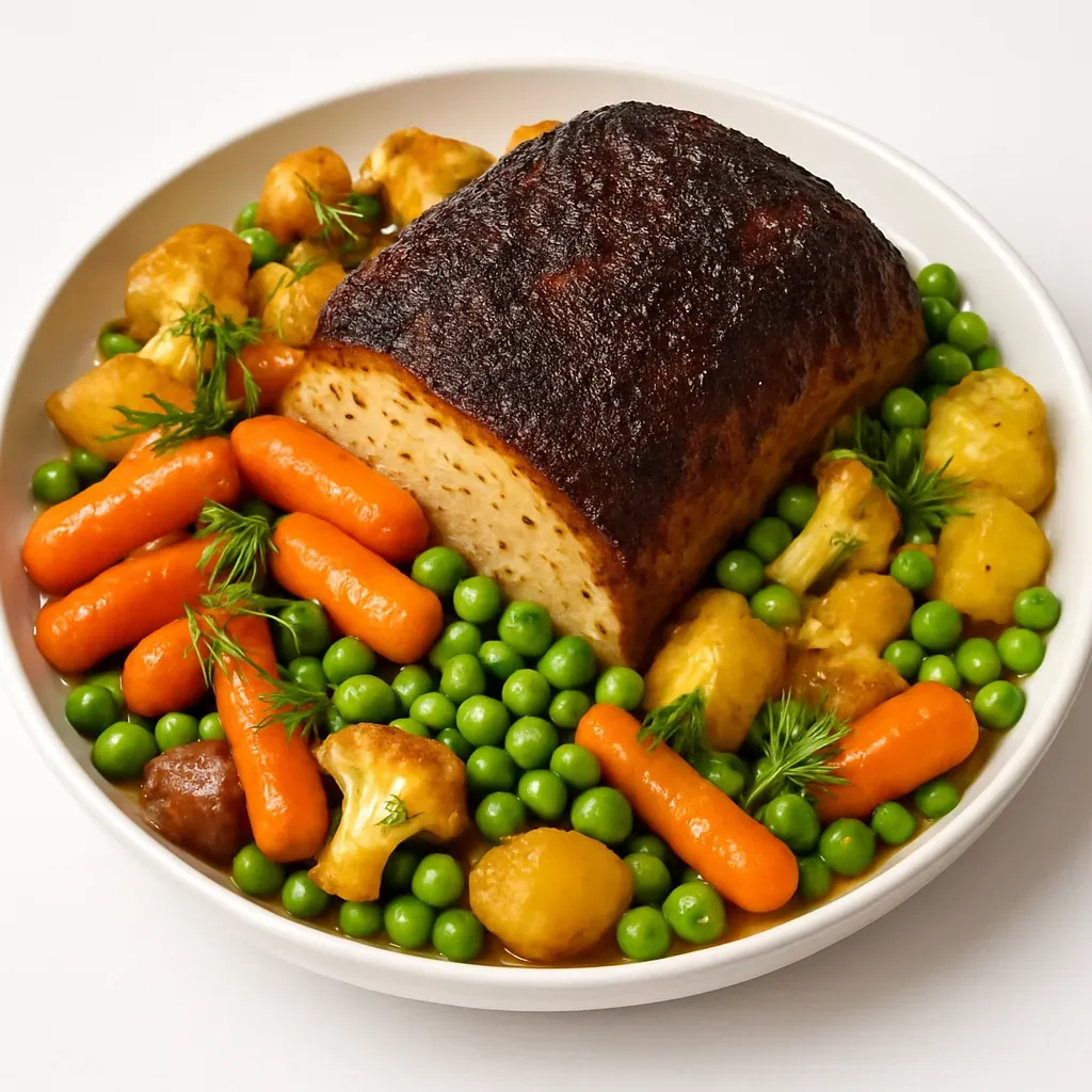 A delightful Estonian dish featuring a succulent pork loin roast glazed with a honey-mustard and herb mixture, served with vibrant vegetables, perfect for festive occasions.
