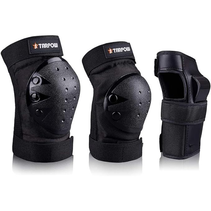 The Knee Pads For Kids/Adult Elbows Pads Wrist Guards 3 In 1 Protective Gear Set by STARPOW is designed for various outdoor activities such as skateboarding, roller skating, rollerblading, snowboarding, and cycling. This set includes knee pads, elbow pads, and wrist guards to provide full protection for the wearer.