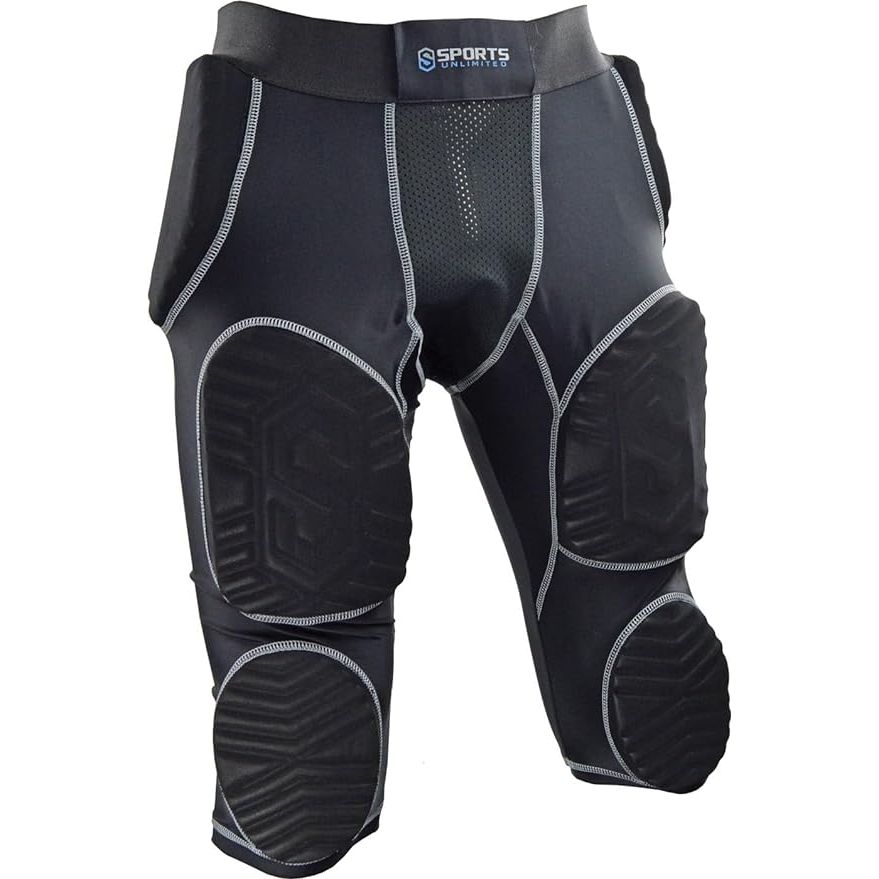 The Sports Unlimited Adult 7 Pad Integrated Football Girdle is a protective gear designed specifically for football players. It features hard thigh pads that are built into the girdle to provide extra protection to the thighs during gameplay.