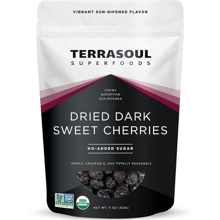 Terrasoul Superfoods Organic Dried Dark Sweet Cherries are a healthy and delicious snack option. These cherries are organic, unsweetened, and have no added sugar, making them a great choice for those looking to avoid artificial ingredients in their diet.