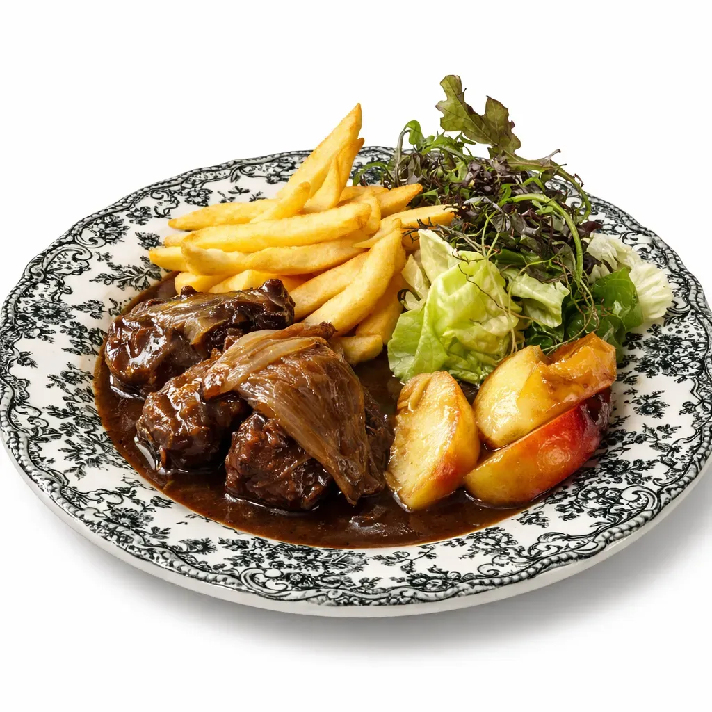 A rich and hearty Belgian stew featuring tender pork cheeks slow-cooked in a dark beer sauce, complemented by roasted shallots and sautéed apples. Perfect for a cozy dinner!