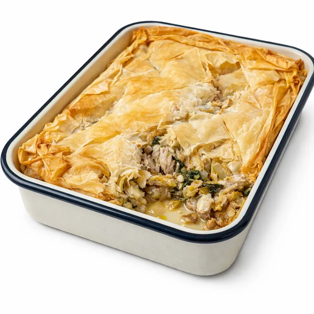 A traditional Greek dish featuring tender chicken, aromatic leeks, and a creamy sauce, all wrapped in flaky filo pastry. This dish is perfect as a hearty main course.