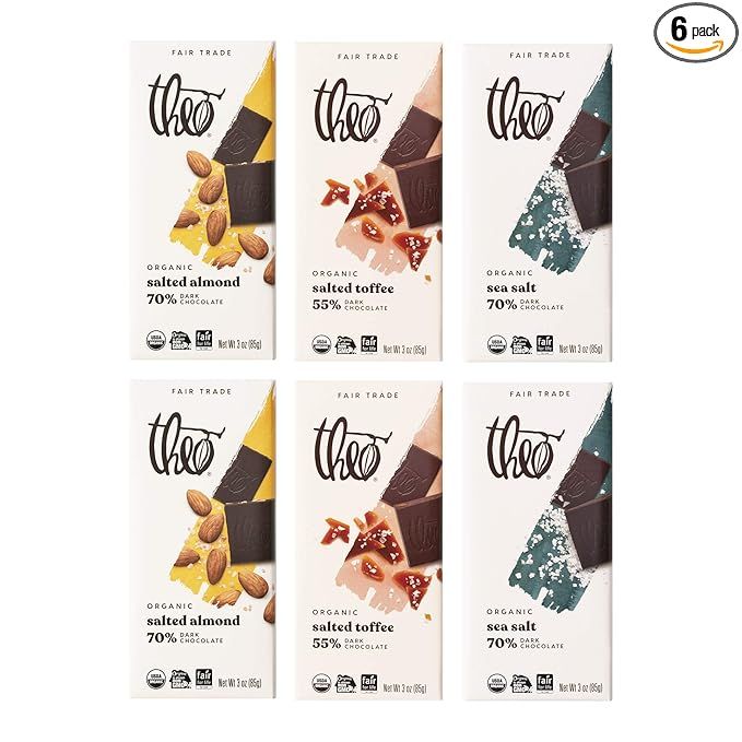 Indulge in the perfect balance of salty and sweet with Theo's curated variety pack. Made with organic and non-GMO ingredients, you can enjoy bold and delicious flavors guilt-free. This Fair Trade Certified chocolate is created in a way that ensures everyone involved thrives, from bean to bar.