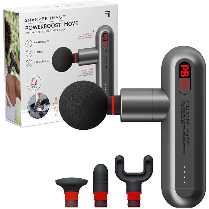 The Sharper Image Deep Tissue Portable Percussion Massage Gun is a handheld electric massager designed to target deep tissue muscles for pain relief and relaxation. With its Powerboost Move technology, this massage gun provides powerful percussive therapy to help improve blood circulation and reduce muscle tension.