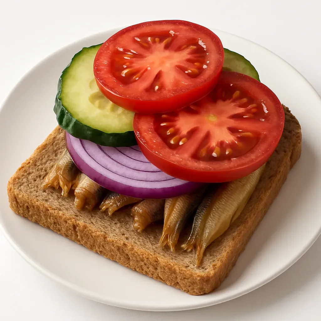 A delightful cold smoked Baltic herring sandwich, known as sprats, featuring a combination of smoky, salty flavors with fresh vegetables between hearty Russian rye bread.