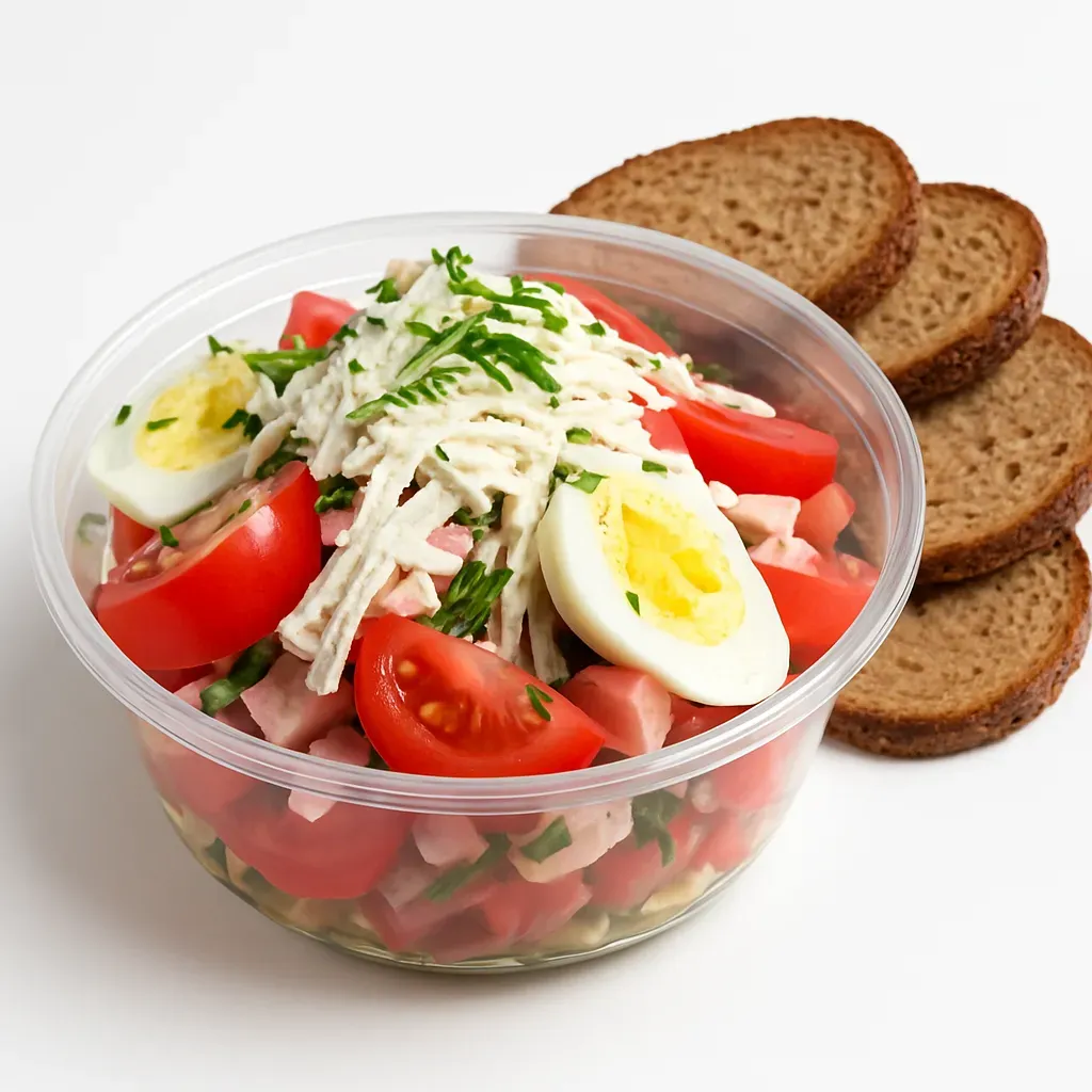 A traditional Bulgarian salad adapted for meal prep, featuring fresh vegetables, ham, hard-boiled eggs, and feta cheese, perfect for convenient and nutritious meals.
