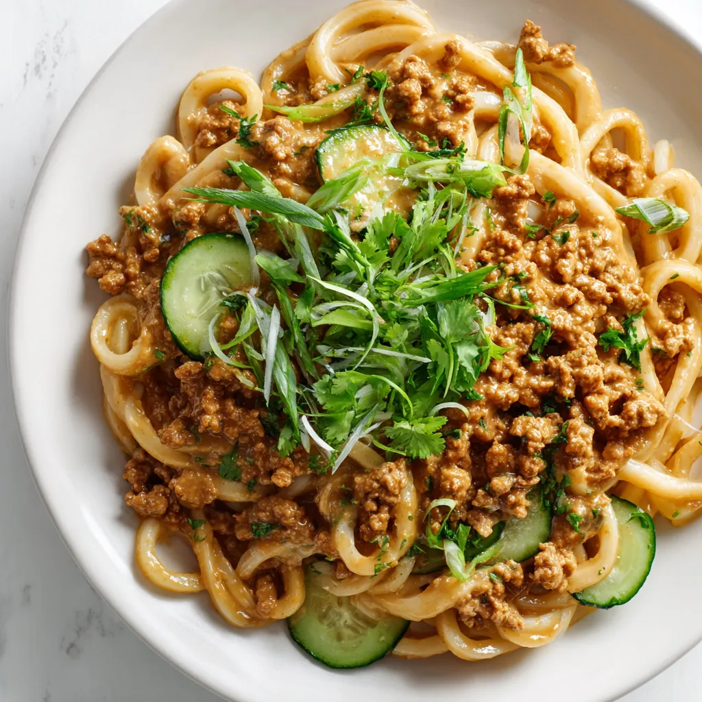 Indulge in a fusion of flavors with this Spicy Peanut Chicken Noodles recipe. Thick udon noodles are enveloped in a creamy miso peanut sauce, topped with spicy chicken mince, and garnished with a vibrant, fresh herb salad. Perfect for a quick and delightful meal.