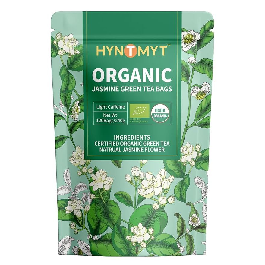 HYNTMYT Organic Jasmine Green Tea Bags are made with USDA Organic green tea scented with jasmine, providing a delicate and fragrant flavor profile. Each box contains 120 individual tea bags, making it easy to enjoy the floral aroma and taste of jasmine-infused green tea at home or on the go.