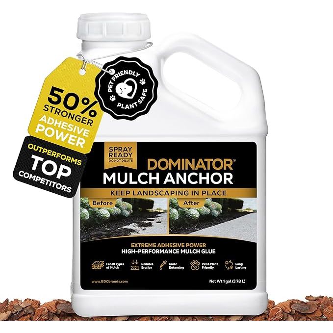 The DOMINATOR Mulch Anchor 1 Gallon is a powerful mulch glue and pea gravel stabilizer that comes in a convenient ready-to-use spray bottle. This product is designed to effectively anchor mulch, pea gravel, and other landscaping materials in place, helping to prevent erosion and maintain a neat and tidy appearance in gardens and flower beds.