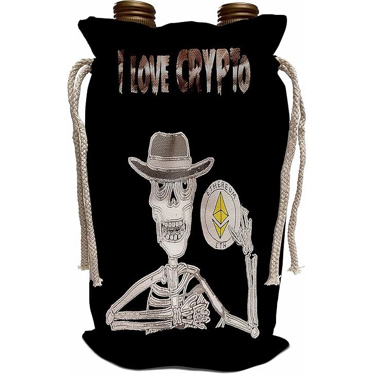 This product is a wine bag featuring a funny skeleton design with the text "I love Crypto Pun Ethereum Digital Cryptocurrency." It is sold by 3dRose, a company that offers a wide variety of products with unique and creative designs.