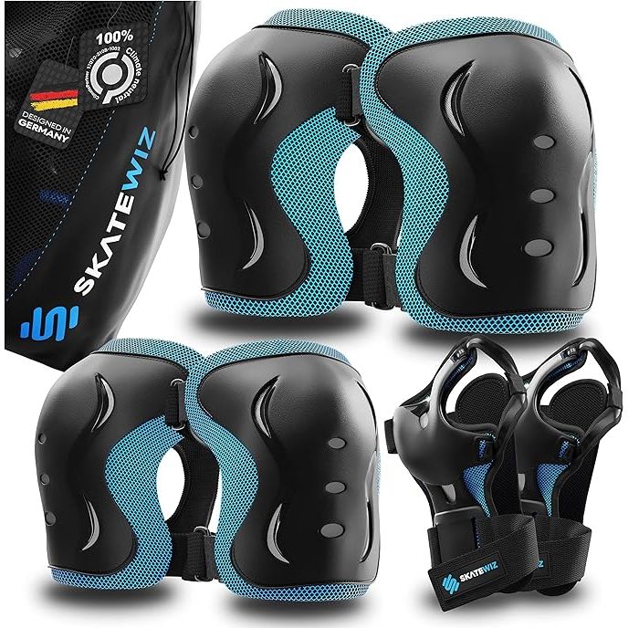 The SKATEWIZ Kids Knee Pads and Elbow Pads Set & Wrist Guards is a 6-piece protective gear set designed for roller skating, skateboarding, and other outdoor activities. This set includes knee pads, elbow pads, and wrist guards to provide essential protection for both kids and adults.