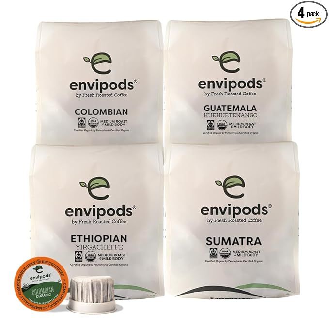 The Fresh Roasted Coffee Variety Pack is a set of 48 compostable Envipods capsules designed for use with Keurig K Cup brewers, as well as Ninja and Hamilton Beach brewers. The capsules are filled with fair trade organic single origin coffee, providing a diverse selection of flavors for coffee lovers to enjoy.