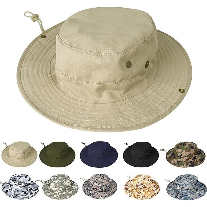 Sun hats are designed to provide protection from the sun's harmful rays, especially during outdoor activities like fishing, hiking, gardening, safaris, and beach trips. The Boonie hat style is a popular choice for men and women due to its wide brim and adjustable chin strap, providing extra coverage and secure fit.