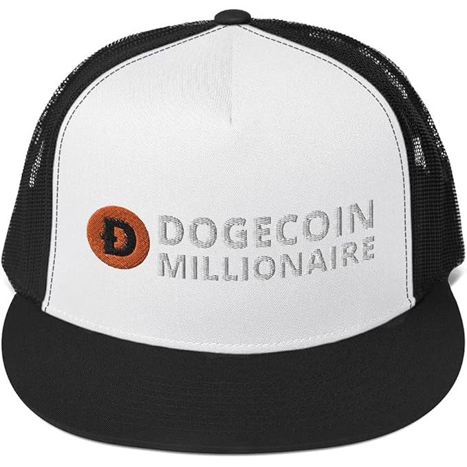 The Dogecoin Millionaire Cap is an embroidered trucker cap that features a humorous design inspired by the popular cryptocurrency Dogecoin. The cap is made with high-quality materials and has a classic trucker style with a mesh back and adjustable snap closure for a comfortable fit.