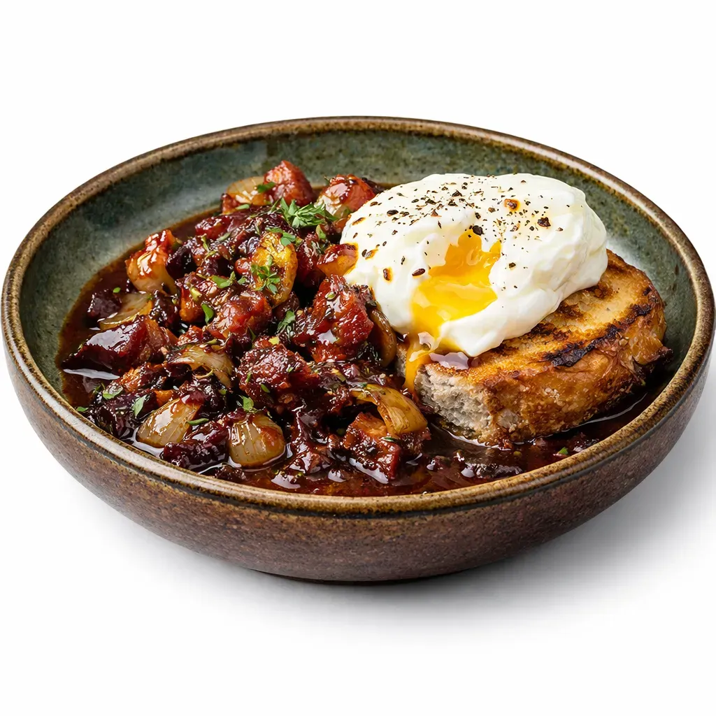 A classic French dish from Burgundy featuring poached eggs in a rich red wine reduction with bacon, onions, and mushrooms served on toasted country bread.