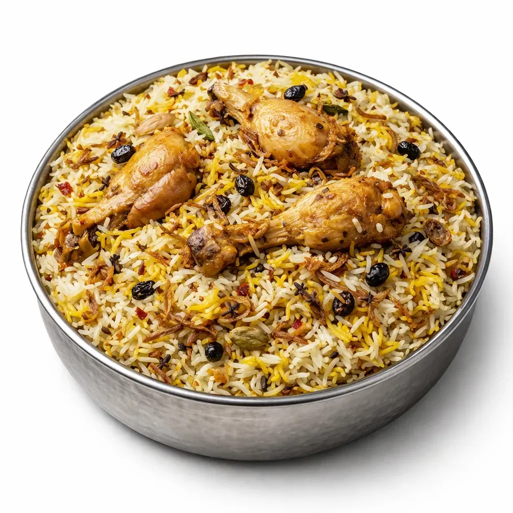 A delightful and aromatic dish hailing from Pakistani and Indian cuisine, combining chicken, basmati rice, spices, and herbs for a rich, satisfying meal. Perfect for family gatherings or festive occasions.