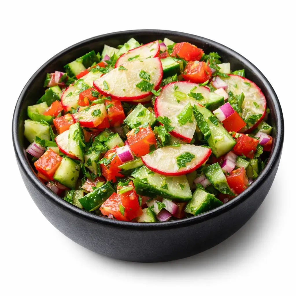 A vibrant and fresh side dish featuring finely chopped vegetables and herbs, seasoned with lemon juice and olive oil, and spiced with zhug.