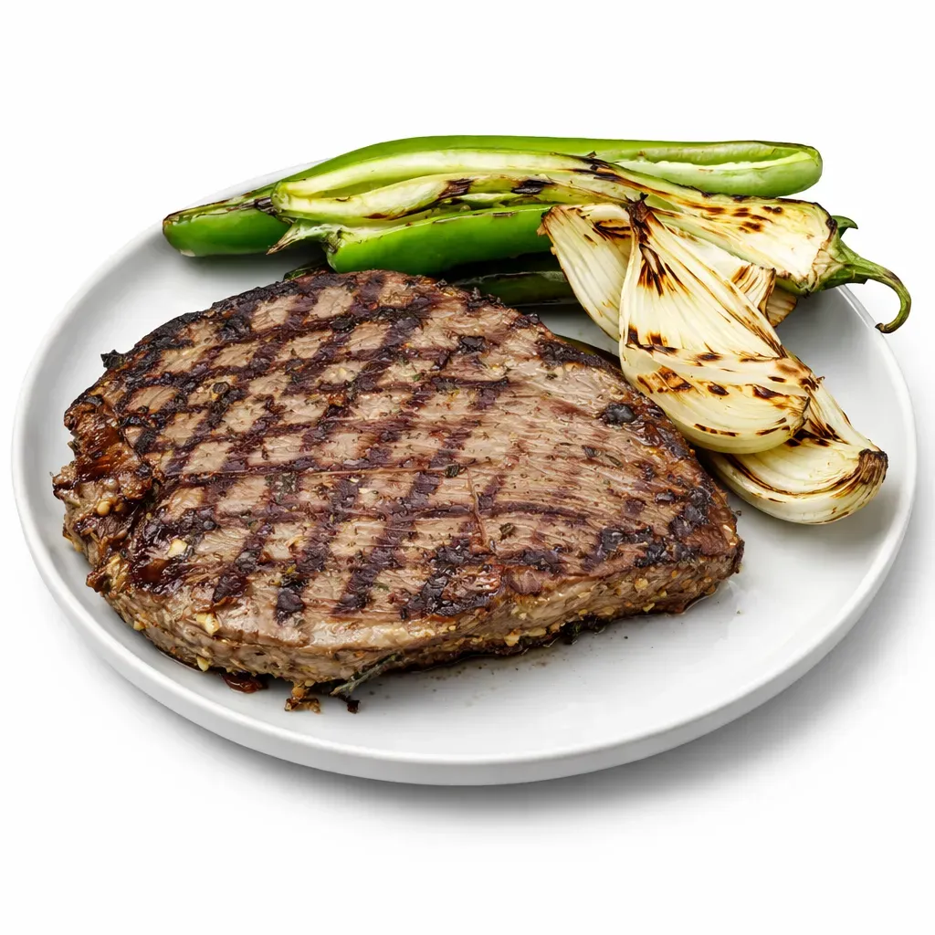 A flavorful and succulent grilled steak marinated in Dijon mustard and paired with charred peppers and onions, offering a rustic yet refined dining experience.