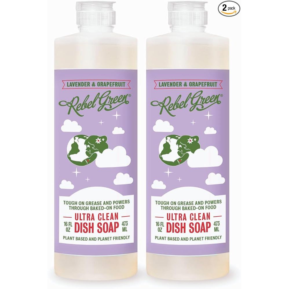 Rebel Green Super Deluxe Dish Soap is a natural dishwashing soap that provides a powerful clean while being gentle on the environment. Made with plant-based ingredients and scented with lavender and grapefruit, this liquid dish detergent provides a refreshing and uplifting experience while washing dishes.